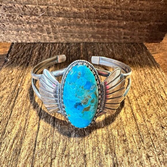 Native American Turquoise Winged Abedabun Sterling Silver Cuff Bracelet in Gift - Picture 6 of 14